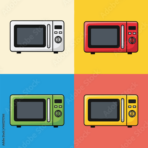 Colorful microwaves arranged in a grid pattern showcase kitchen appliance variety on a vibrant, modern backdrop, offering a playful and energetic vibe.