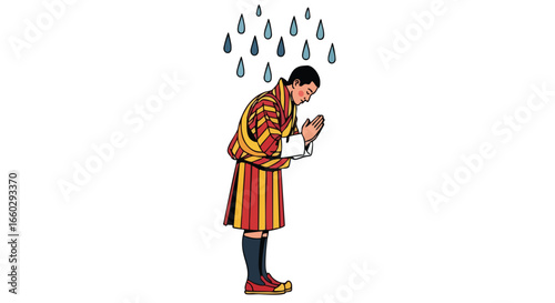 A man in traditional Bhutanese Gho attire bowing with hands together under falling rain.