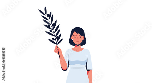 A modern flat vector illustration of a smiling woman with short dark hair holding a dark olive branch.