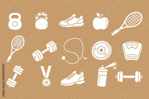 Collection of hand drawn fitness and sports equipment on a brown background