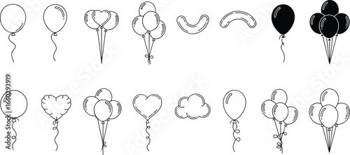 Balloon icon set, heart balloon, cloud balloon, sausage balloon, black silhouette, outline style, party decoration, vector illustration