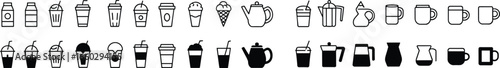 Beverage icons set, coffee, tea, milk, juice, cups, mugs, pitchers, outline, filled, black, white, Beverage icons set, coffee cups, milk cartons, teapots, mugs, straws, drink containers