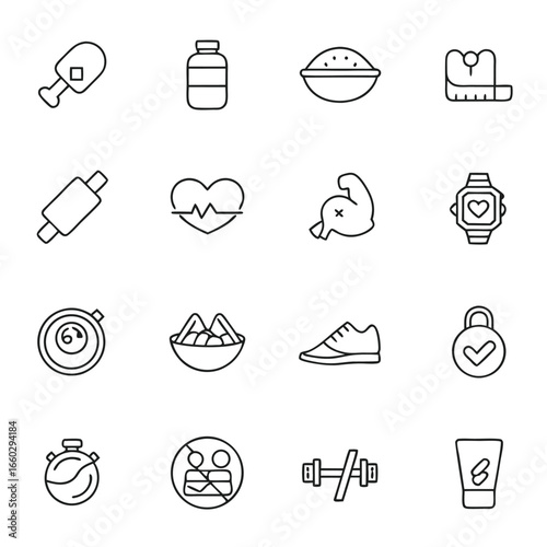 Healthy lifestyle icons representing fitness, nutrition, and well-being.
