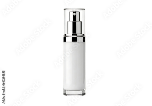 White cosmetic bottle with silver pump dispenser isolated on transparent background