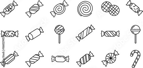 Candy icons, sweet treats, lollipop vector, chocolate bar, candy cane, black and white, minimal style, dessert illustration, sugar graphic, festive design