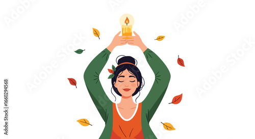 A serene woman with closed eyes holds a lit candle above her head surrounded by falling autumn leaves.