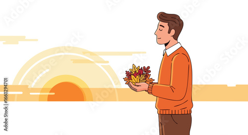 A serene young man in an orange sweater holding a handful of colorful autumn leaves.
