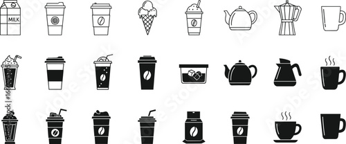 Coffee and drink icons, takeaway cups, mugs, teapots, milk cartons, espresso makers, beverage symbols, black vector set, café illustration