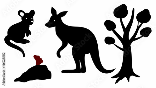 Silhouette illustration featuring a kangaroo a rat a tree and a rock with a red mushroom like plant