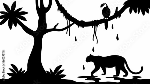 Silhouette of a toucan on a branch above a panther in a monochrome jungle scene with dripping vines