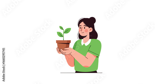 A smiling young woman in a green shirt holding a small potted plant with a new sprout.