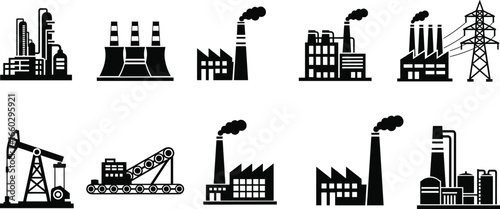 Industrial facility icon set, energy production symbols, factory silhouettes, power plant graphics, oil pump, vector illustration, black design, infrastructure elements