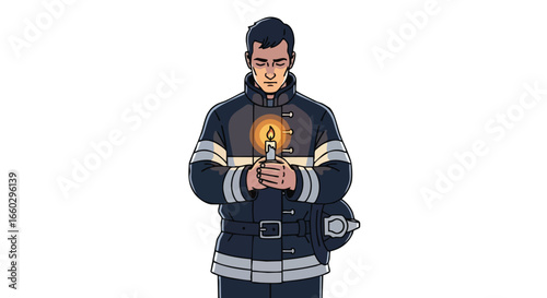 A solemn firefighter in uniform holding a lit candle for remembrance.