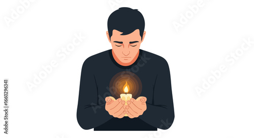 A somber young man with closed eyes holding a single glowing candle for remembrance.