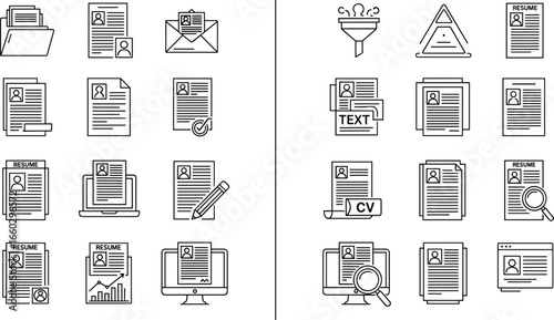 resume and CV icons set, job application symbols, employment documents, candidate review, hiring process, recruitment tools, vector design, black and white