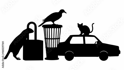Silhouette of a weasel by a lock, bird on a trash can, and a cat on top of a car in black and white