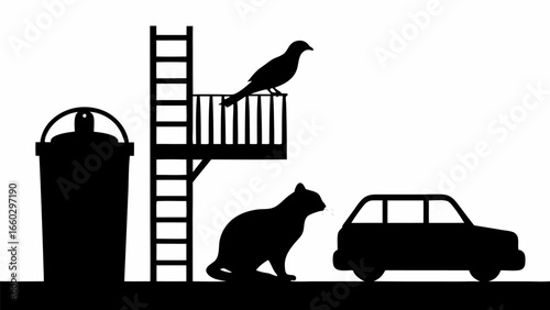Silhouette of a bird on a platform with ladder, a cat, a car, and a bin in a monochrome scene