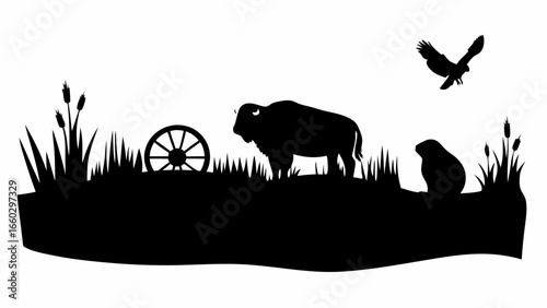 Silhouette of a bison, beaver, bird, wagon wheel, and tall grass on a prairie landscape scene