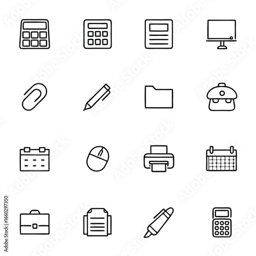 A collection of essential office supplies and technology icons for modern business