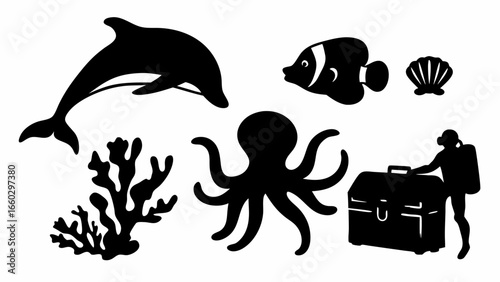 Silhouette illustration of marine life with dolphin octopus coral fish shell and scuba diver near chest