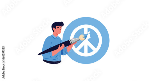 A young male artist painting a large blue peace symbol with a paintbrush.