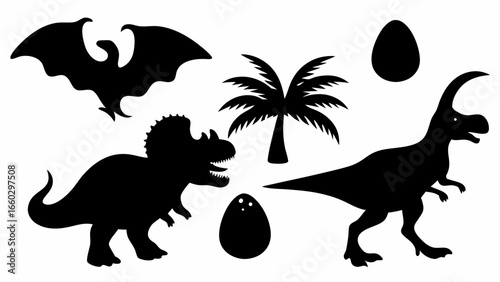 Black silhouettes of dinosaurs pterodactyl palm tree and eggs on a white background prehistoric era theme