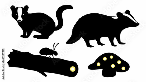 Illustration featuring two badgers, a mushroom with spots, and an insect on a log in black and white silhouette