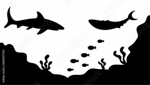 Silhouette illustration of a shark and whale swimming above a seabed with small fish in black and white