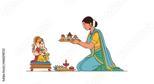 An Indian woman in a traditional sari kneels to offer a puja thali to a statue of the Hindu god Lord Ganesha.