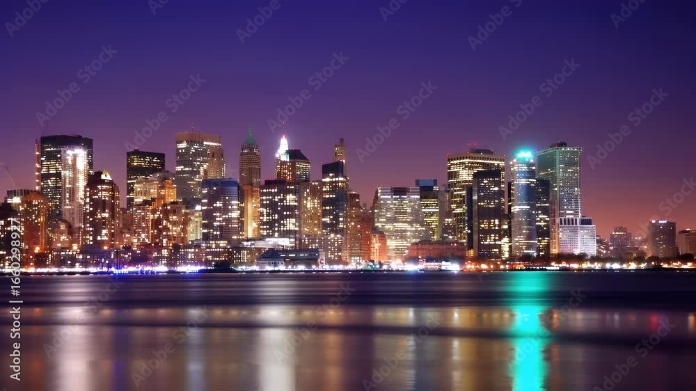 Manhattan, New York City. A nighttime cityscape photograph showcasing a city skyline with skyscrapers illuminated against a purple sky. The cityscape is dominated by tall buildings. Manhattan, New York City. A nighttime cityscape photograph showcasing a city skyline with skyscrapers illuminated against a purple sky. The cityscape is dominated by tall buildings.
