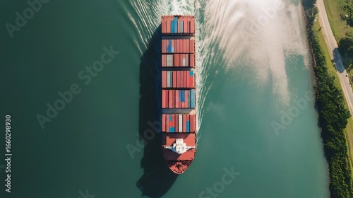 俯瞰の赤い貨物船が緑の水路を航行する様子 赤と茶色のコンテナの海運業