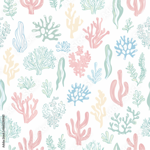 Pastel colored coral reef or seaweeds vector seamless pattern. Hand drawn linear underwater plants, naive corals and algae.
