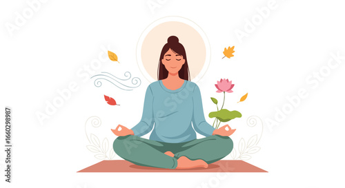 Calm woman meditating in lotus pose on a yoga mat with leaves wind and a lotus flower.