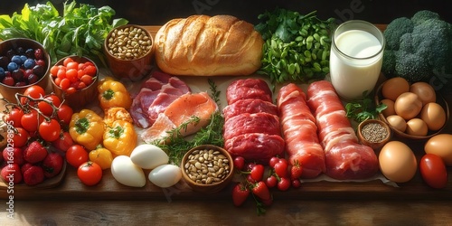 新鮮な食材が並んだ健康的な食事の俯瞰図 木のプレートにカラフルな食品配置