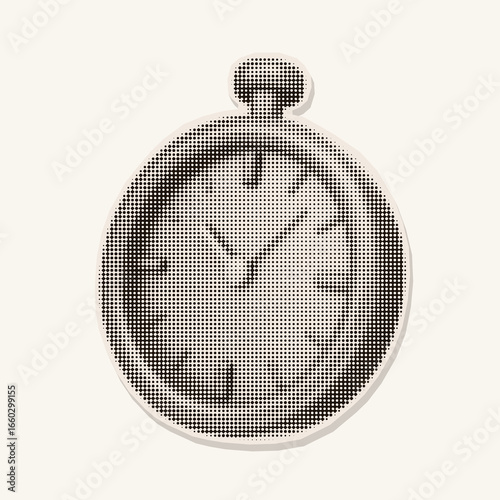 Vintage stopwatch illustration in retro halftone style. Magazine cutout look with photocopy texture. Ideal for nostalgic designs, posters, stickers, and prints.