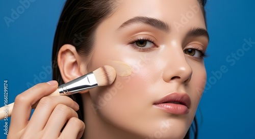 Woman Applying Makeup with Brush, Isolated on Blue Background
