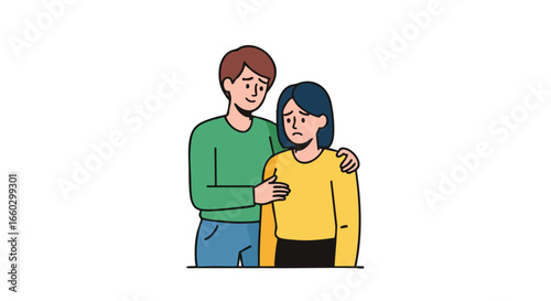 Caring man comforting a sad upset woman in a simple cartoon illustration.