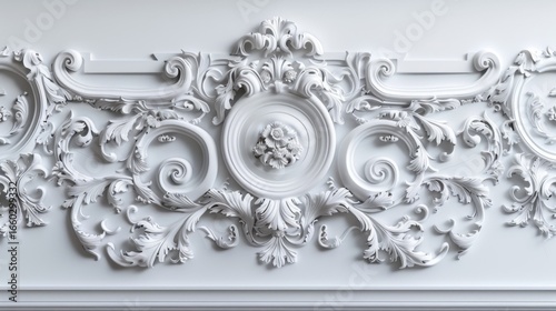 Ornate white plaster wall design with floral patterns and intricate scrollwork