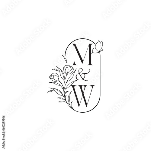 caligraphic style monogram luxury minimalist logo design MW wedding initial concept alphabet letter
