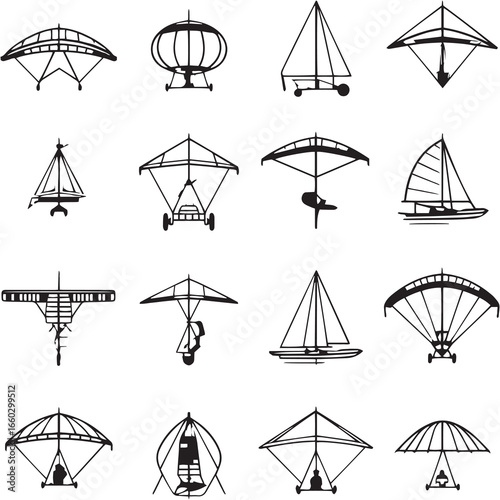 Hang Glider black Line Editable Icons set