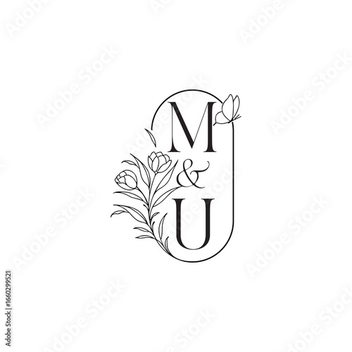 caligraphic style monogram luxury minimalist logo design MU wedding initial concept alphabet letter