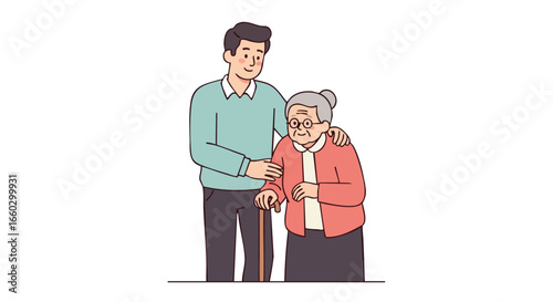 Caring young man helping an elderly woman with a walking cane.