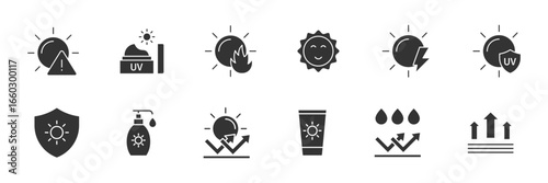UV Protection solid Gray icon set. Contains icons sunscreen, ultraviolet, sunglasses, sunburn and more.  Vector illustration.