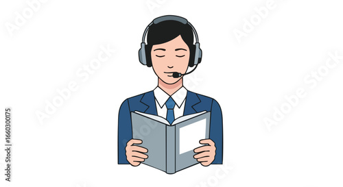 Cartoon businessman with a headset and microphone studying an open book with his eyes closed.