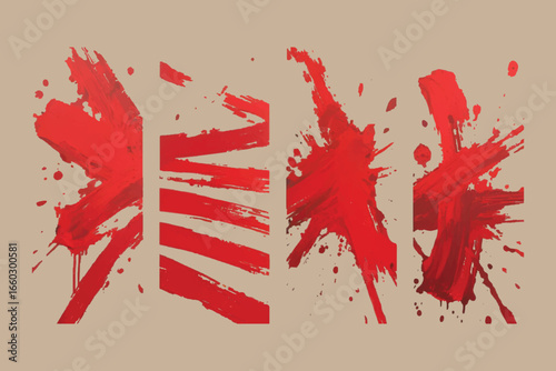 Abstract red paint splatter and brush strokes on tan background