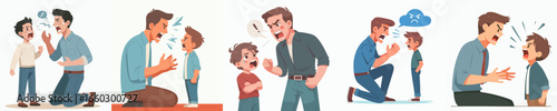 Cartoon Father Scolding His Son With Anger Set Illustration Artwork