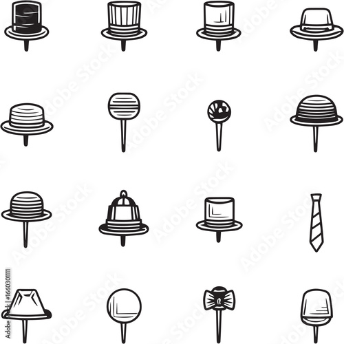 Hat Pins black Line Editable Icons set