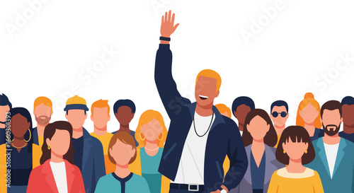 Charismatic man stands out from a diverse crowd raising his hand as a leader or volunteer.