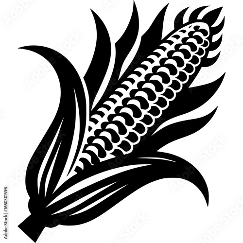 Corn Illustration: A striking illustration presents a stylized depiction of a single, ripe ear of corn, showcasing its intricate details and natural form. 