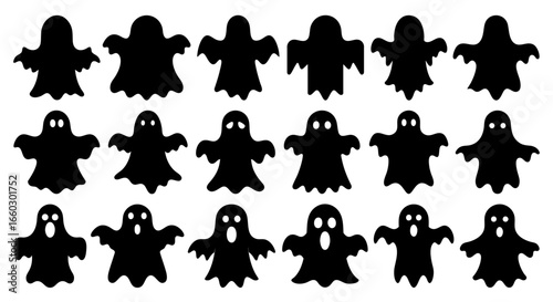 Halloween Ghost Silhouette Icon Collection, Spooky Black Vector with Eyes and Open or Mouth, Transparent Background
